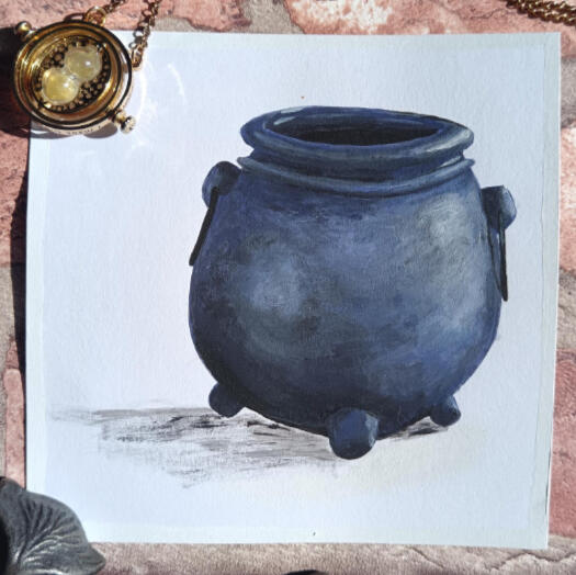 A realistic acrylic painting of an empty cauldron.