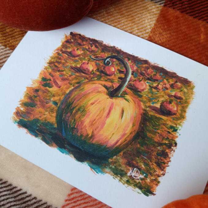 An expressive painting of an autumnal pumpkin patch.