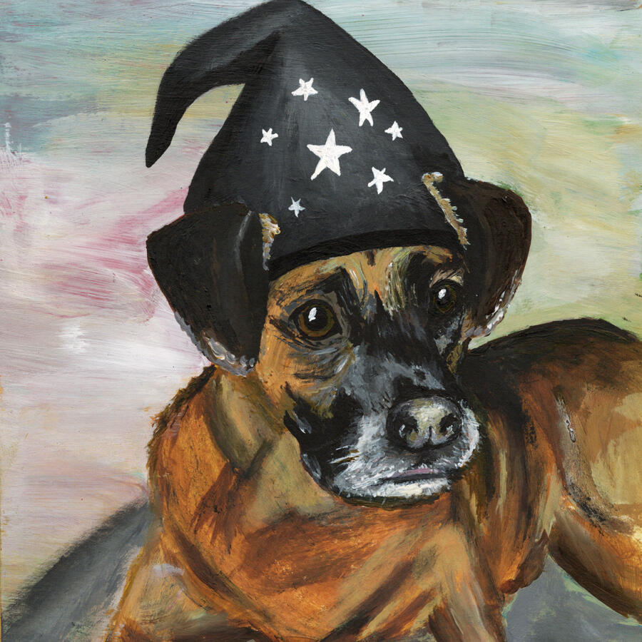 An acrylic portrait of sweet brown and black dog wearing a magical starry sorcerer&#39;s hat.