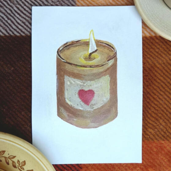 A cosy acrylic painting of a flickering candle.