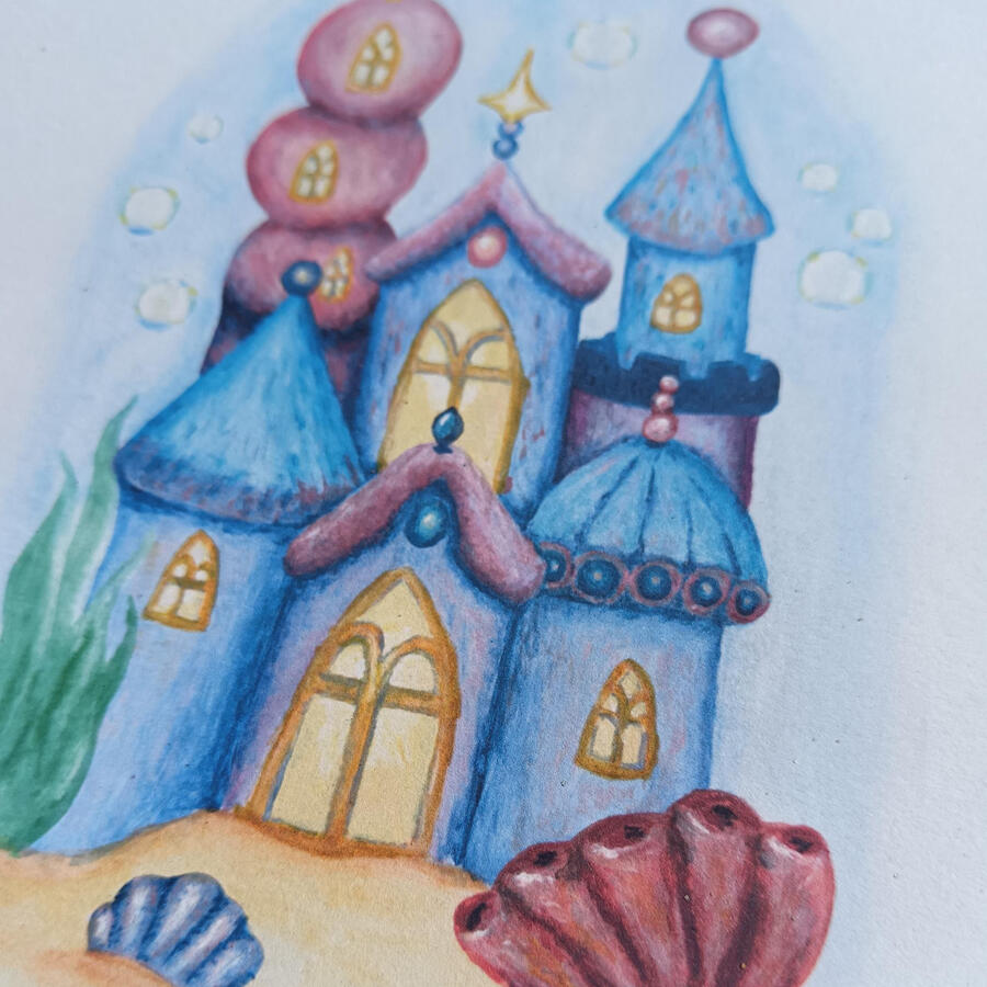 A pastel coloured enchanting underwater castle, hand painted in watercolour and acrylic.