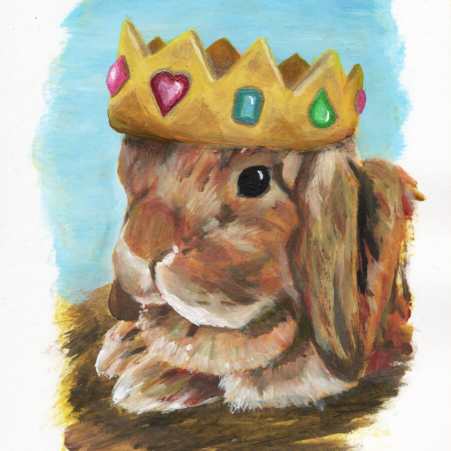 A regal pet portrait of a bunny wearing a whimsical crown of coloured jewels.