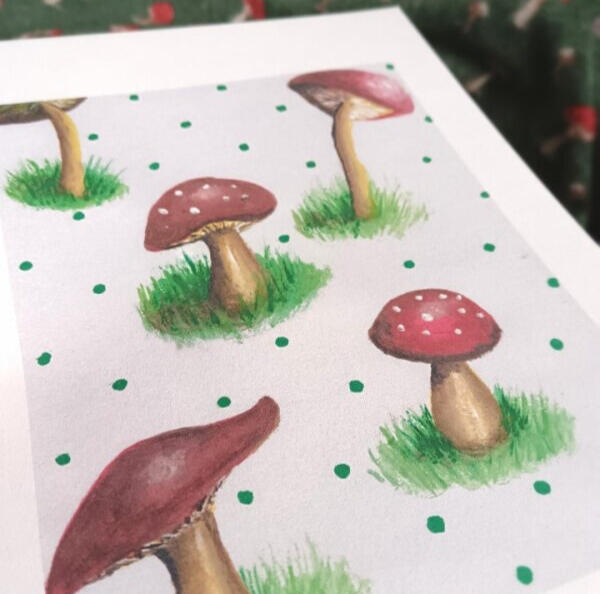 Whimsical red capped mushrooms painted in acrylics and watercolours.