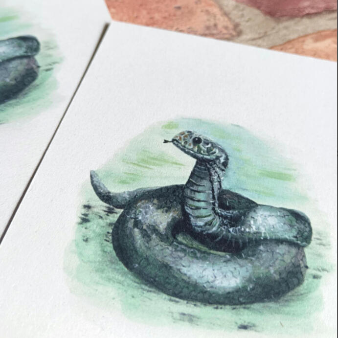 An acrylic and watercolour illustration of an emerald serpent sticking out his little tongue.