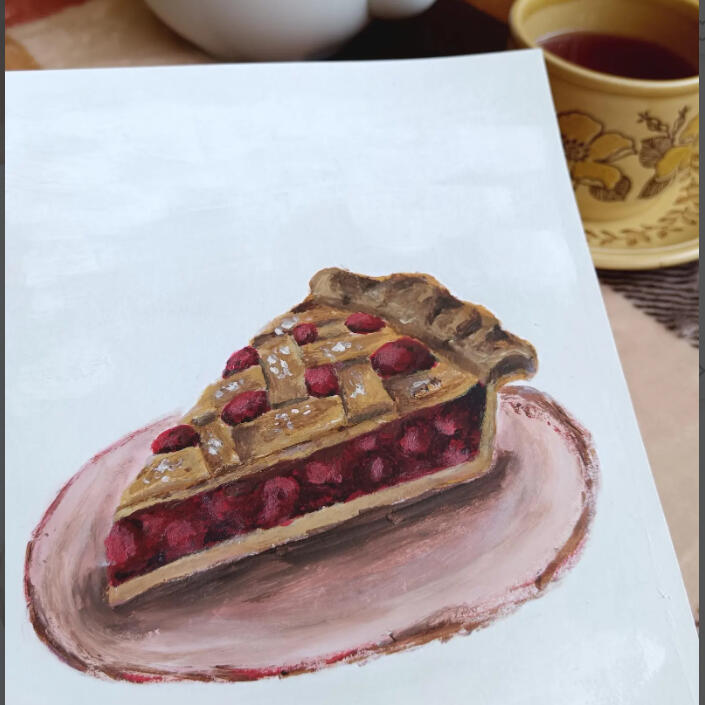 A metallic and acrylic painted slice of cherry pie.