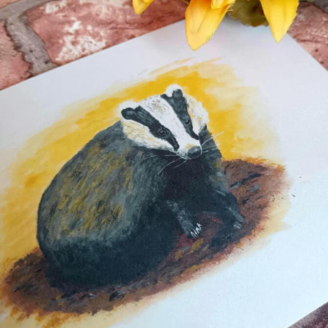 Hand painted acrylic and watercolour yellow, black and brown badger.